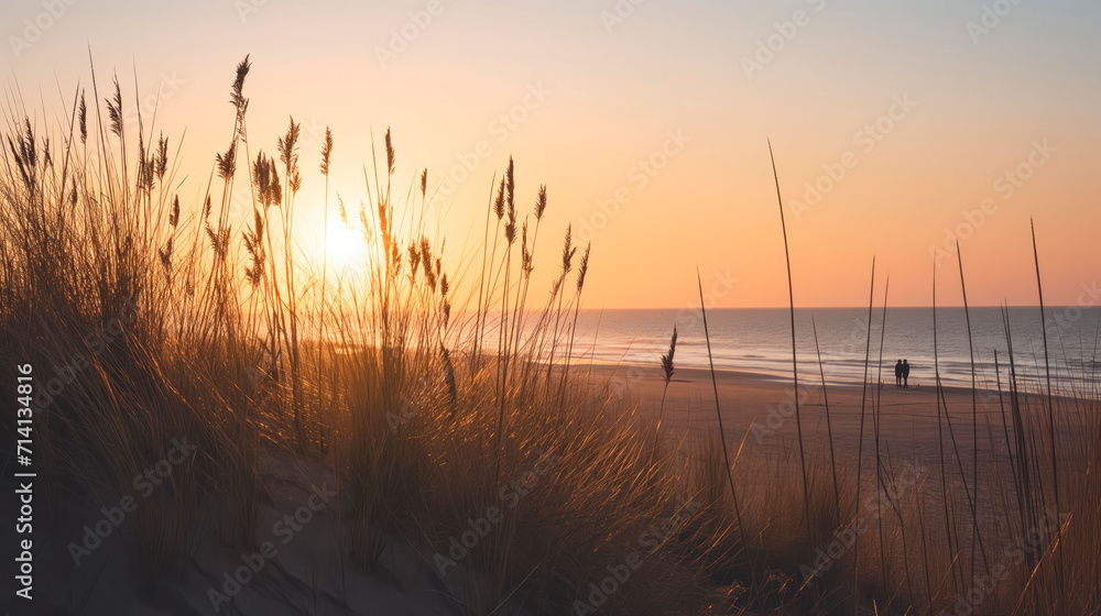 A serene seaside view at golden hour and the silhouette of a couple on the beach. Copy Space.