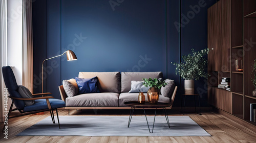 Interior of living room with comfortable sofa, floor lamp and table with flowers near blue wall