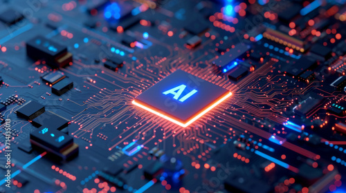 AI Chipset on Circuit Board with Glowing Connections.