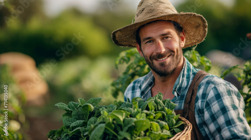 Smiling Farmer Holding Fresh Harvested Greens.