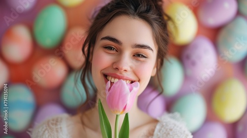 A cheerful woman wearing a brilliant smile holds a solitary tulip against a background of vibrant Easter eggs