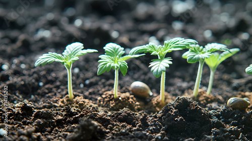 Closeup 1 week old Cannabis plant in soil photo