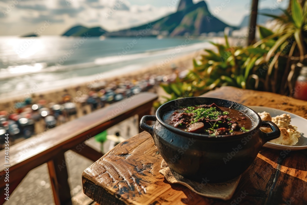 Savoring Brazil: A Plate of Traditional Brazilian Feijoada Takes Center Stage, with the Iconic Copacabana Beach in Rio de Janeiro Providing a Picturesque Backdrop.
Savoring Brazil: A Plate of Traditional Brazilian Feijoada Takes Center Stage, with the Iconic Copacabana Beach in Rio de Janeiro Providing a Picturesque Backdrop.