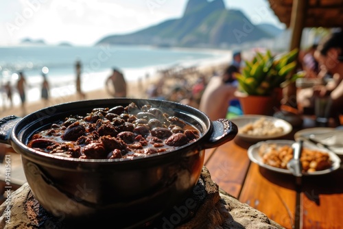 Savoring Brazil: A Plate of Traditional Brazilian Feijoada Takes Center Stage, with the Iconic Copacabana Beach in Rio de Janeiro Providing a Picturesque Backdrop.

 photo