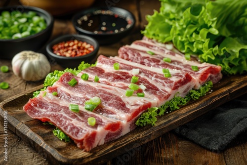 Korean BBQ Delight: Samgyeopsal, Thin Slices of Grilled Pork Belly, Sizzle on the Table, Accompanied by Garlic, Green Onions, Ssamjang, and Lettuce for Flavorful Wrapping.