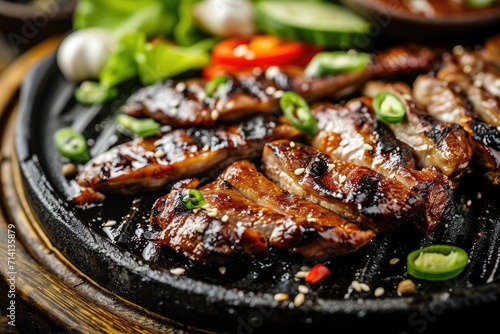 Korean BBQ Delight: Samgyeopsal, Thin Slices of Grilled Pork Belly, Sizzle on the Table, Accompanied by Garlic, Green Onions, Ssamjang, and Lettuce for Flavorful Wrapping.

