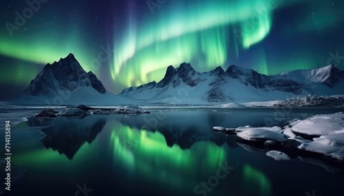 View of night sky with multicolored aurora borealis and snowy mountains peak background. Night glows in vibrant aurora reflection on the lake with forest. 