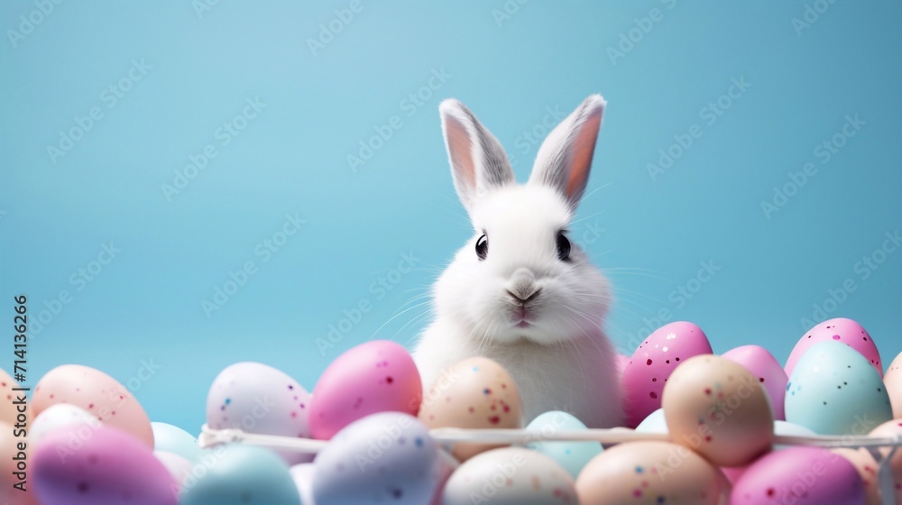A white Easter bunny in shopping cart filled with painted Easter eggs on an empty blue background with a lot of free copy space A white Easter bunny in shopping cart filled with painted Easter eggs on an empty blue background with a lot of free copy space
