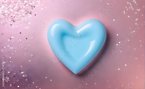 A small blue heart on a sparkling soft pink background. Generative AI