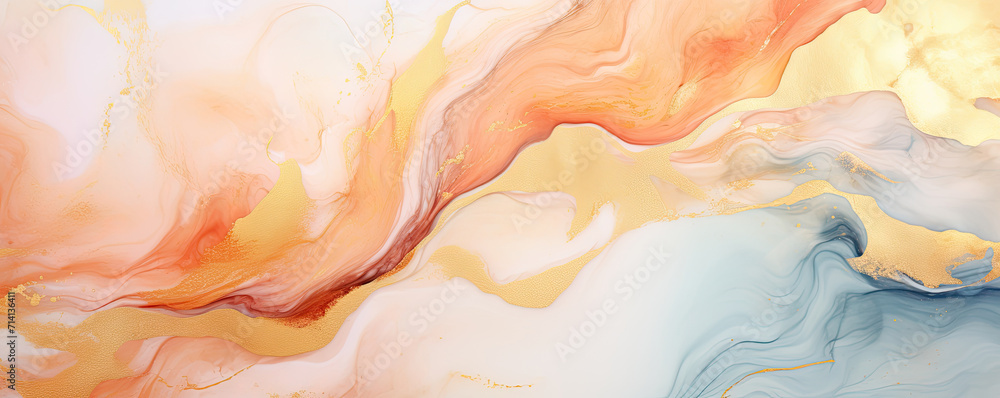 Fototapeta premium Abstract marble background, Gray and peach agate texture with thin gold veins.