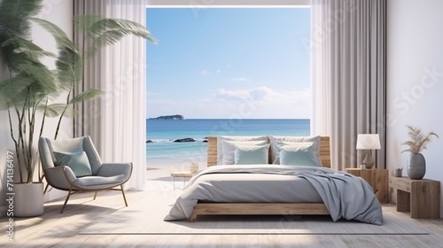 Minimalist bedroom interior with ocean sea view. Modern coastal interior. Summer, travel, vacation, dreams holiday, resort © vita555