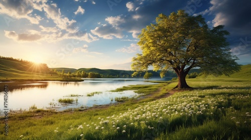 Perfect spring scene and morning meadow near the river with alone tree on the shore. Environmental concept Photo wallpaper. Discover the beauty of earth.