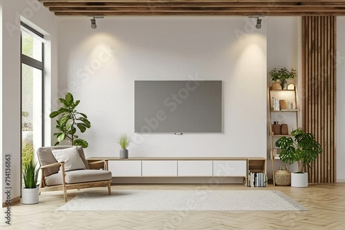Mockup a TV wall mounted with armchair in living room with a white wall.3d rendering. generative ai.