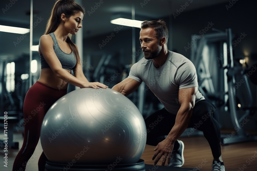 Obraz premium A fit girl engages in pilates exercises on a ball, guided by her personal trainer, showcasing strength and dedication to fitness.
