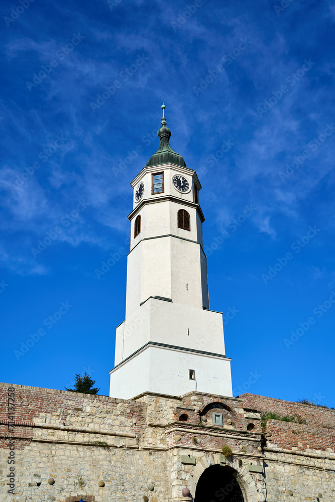 Clock tower on a sunny autumn day at Belgrade Fortress in Belgrade, Serbia