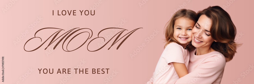 Happy mother hugs her daughter, close-up, pink background, congratulation text Happy mother hugs her daughter, close-up, pink background, congratulation text