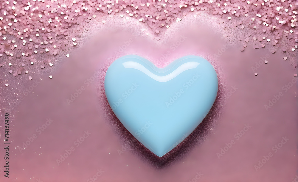 A small blue heart on a sparkling soft pink background. Generative AI