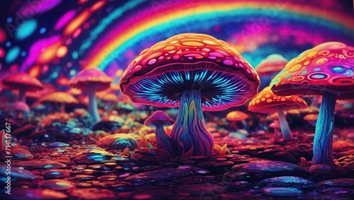 3d illustration of fantasy mushroom with rainbow effect in the background.