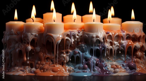 A top-down view of a group of melting candles, with wax melting and merging to create a mesmerizing tableau