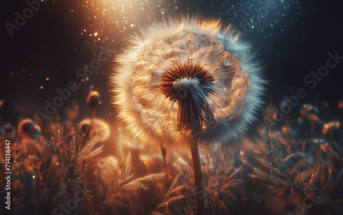Close up of dandelion flowers floating in the air blurry forest background