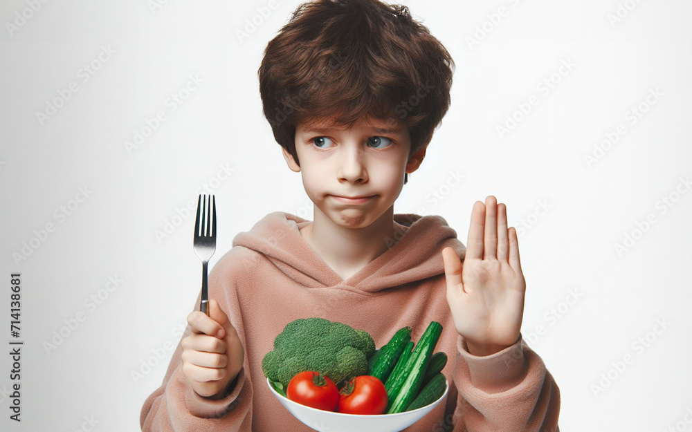 The boy refused to eat vegetables. Child doesn like to eat vegetables. White background. The boy refused to eat vegetables. Child doesn like to eat vegetables. White background.
