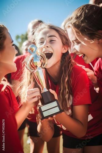 Middle school american girl sport player kissing trophy with cheering teammates