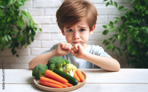 The boy refused to eat vegetables. Child doesn like to eat vegetables. White background. photo