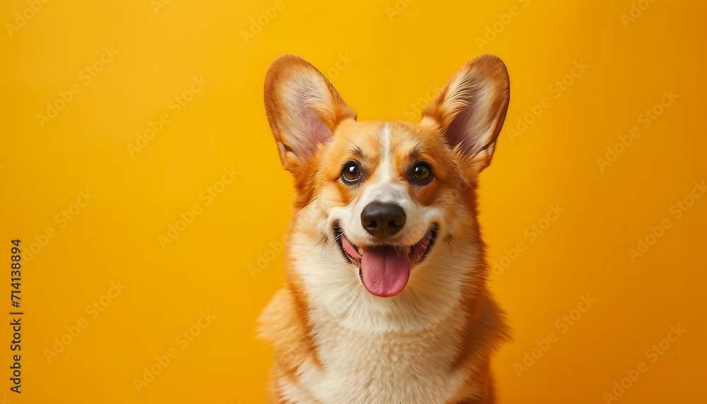 affectionate nature of a Corgi against a warm yellow background, showcasing the breed's distinct appearance and loving demeanor,  Corgi against on yellow background. - obrazy, fototapety, plakaty 