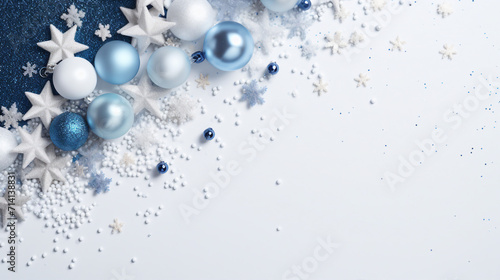 Festive Blue White Silver Christmas Decorations Top View Photo