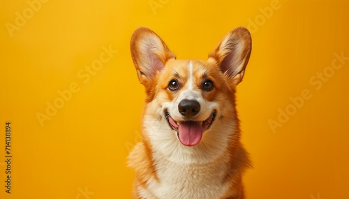 affectionate nature of a Corgi against a warm yellow background, showcasing the breed's distinct appearance and loving demeanor,  Corgi against on yellow background. photo