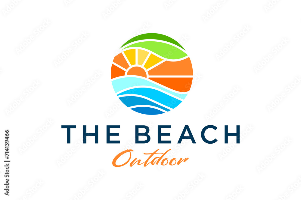 Sunset beach resort logo design, striped line style with bright color, travel vacation outdoor icon symbol, water wave symbol element.