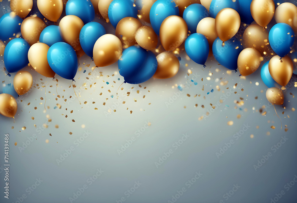 Festive background with golden and blue balloons falling confetti blurry background Festive background with golden and blue balloons falling confetti blurry background