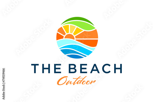 Sunset beach resort logo design, striped line style with bright color, travel vacation outdoor icon symbol, water wave symbol element.