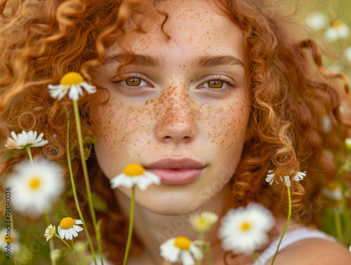 Red-haired woman with freckles in a field with daisies. Close-up portrait.