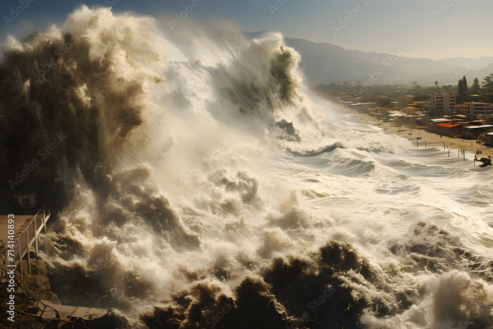 A big wave crashing into a seaside city