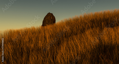 3D rendering of serene and peaceful meadow landscape with single standing stone and sunset on the deep horizon © archangelworks