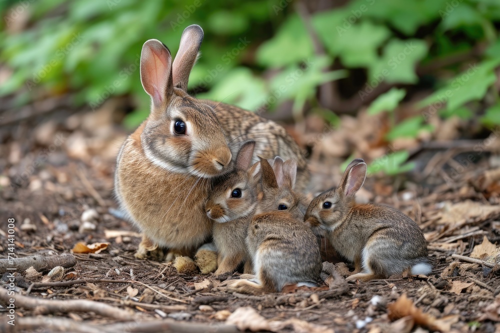 A cute picture of a mother rabbit/bunny with her adorable little one lying in the grass. Generative AI A cute picture of a mother rabbit/bunny with her adorable little one lying in the grass. Generative AI
