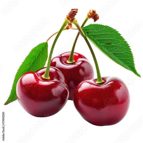 Cherry with leaves isolated on transparent background