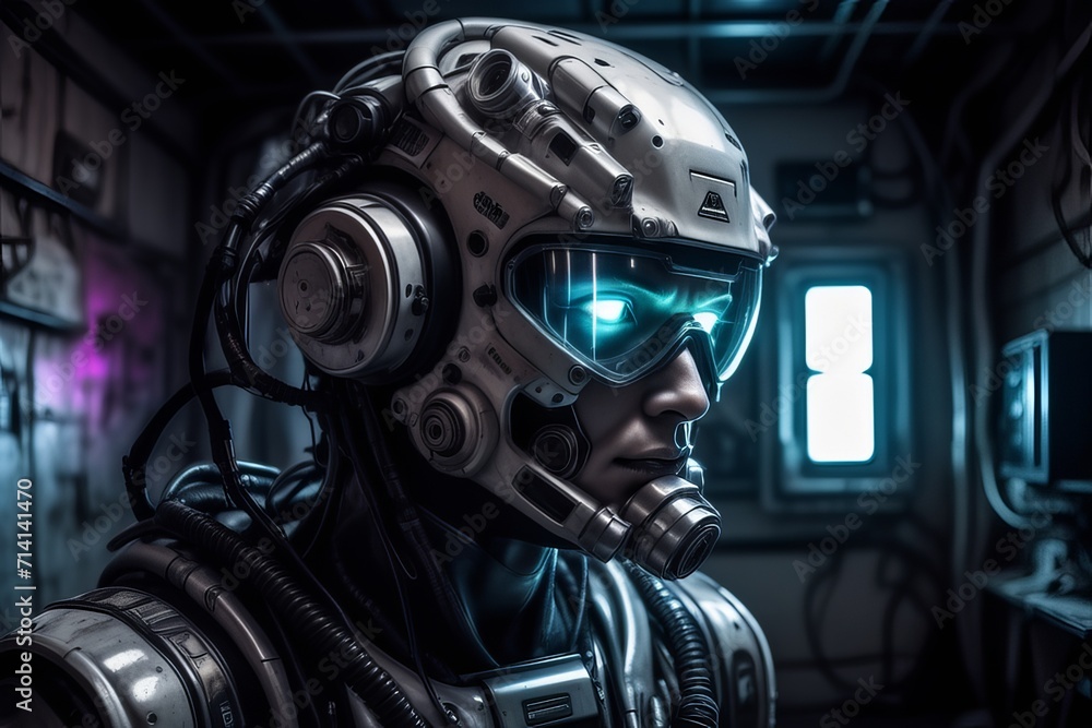 cyborg robot in a abandoned room created with generative AI software. cyborg robot in a abandoned room created with generative AI software.