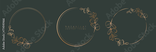 Botanical eucalyptus circle frame set. Hand drawn round line border, leaves and flowers for wedding invitation and cards, logo design, social media and posters template. Elegant minimal vector.	