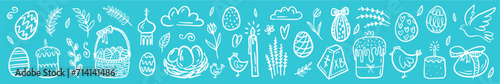 Vector, horizontal pattern of Easter design elements. Eggs, chicken, cakes, willow, candles hand-drawn in the style of a doodle.