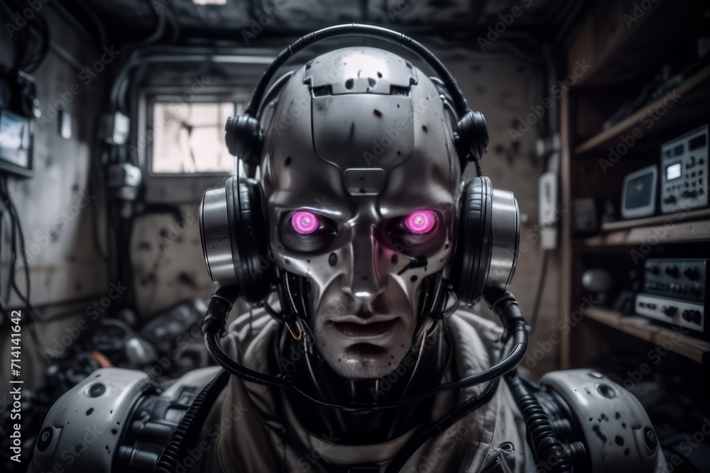 cyborg robot in a abandoned room created with generative AI software. cyborg robot in a abandoned room created with generative AI software.
