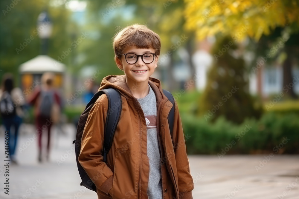 Fototapeta premium Elementary school student with backpack and glasses, back to school. Generative ai