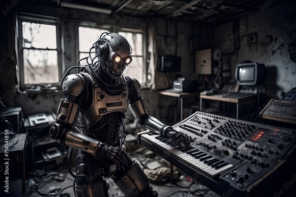 cyborg robot in a abandoned room created with generative AI software. cyborg robot in a abandoned room created with generative AI software.