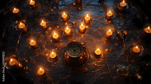 A top view of a candlelit table with melting candles, capturing the delicate streams of wax as they pool around the candles.