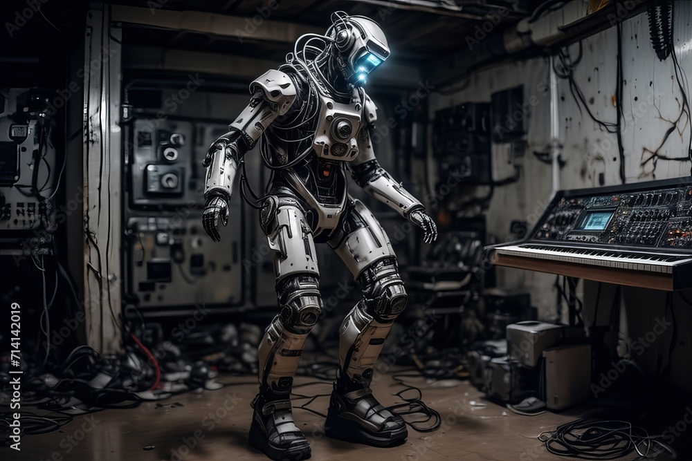 cyborg robot in a abandoned room created with generative AI software. cyborg robot in a abandoned room created with generative AI software.