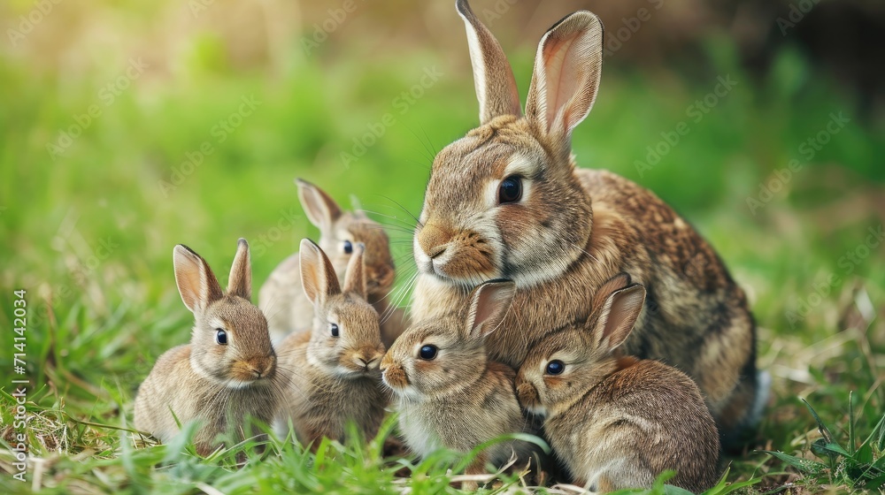 A cute picture of a mother rabbit/bunny with her adorable little one lying in the grass. Generative AI A cute picture of a mother rabbit/bunny with her adorable little one lying in the grass. Generative AI