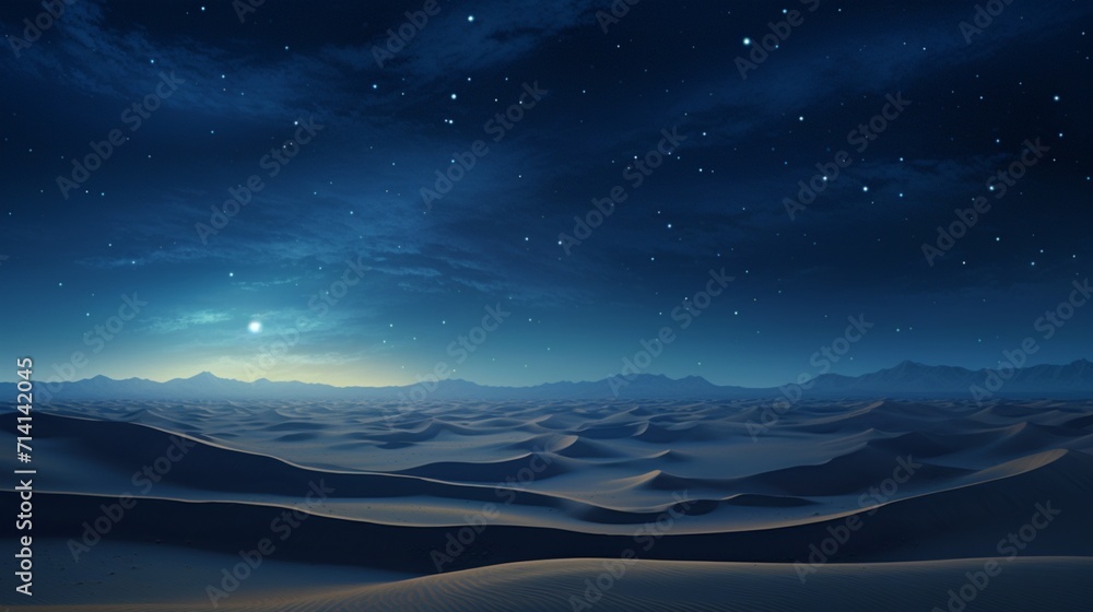 A starlit desert landscape with sand dunes and a clear night sky, showcasing the quiet and majestic nighttime desert scenery - Generative AI