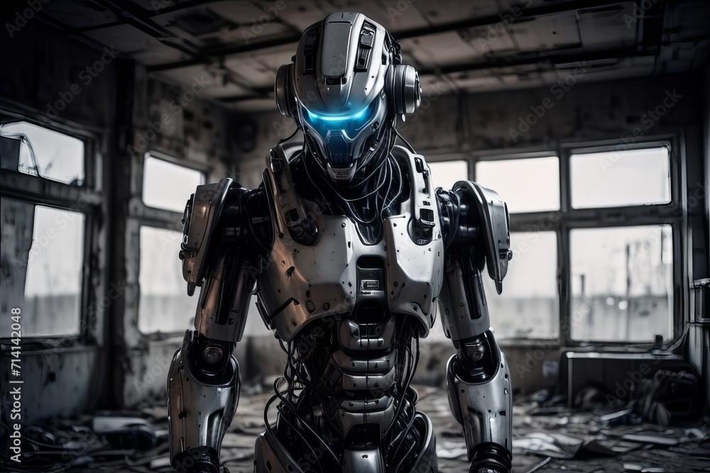 cyborg robot in a abandoned room created with generative AI software. cyborg robot in a abandoned room created with generative AI software.