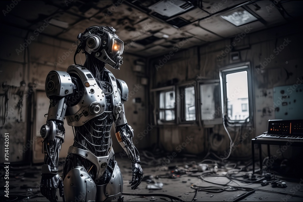 cyborg robot in a abandoned room created with generative AI software. cyborg robot in a abandoned room created with generative AI software.